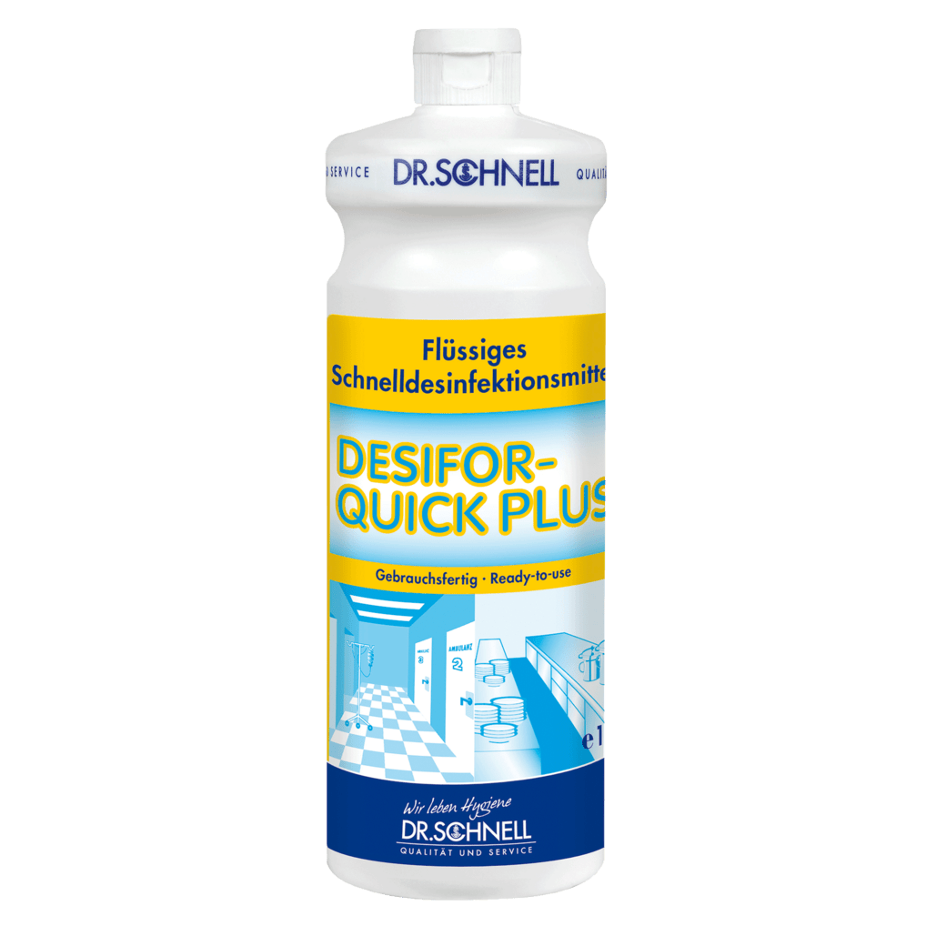 A white 1L bottle of DR.SCHNELL GmbH & Co. KGaA DESIFOR-QUICK PLUS surface disinfectant, a limited virucidal medical product, with a yellow-blue label and white cap - ideal for hygienic cleaning and limited virucidal protection.