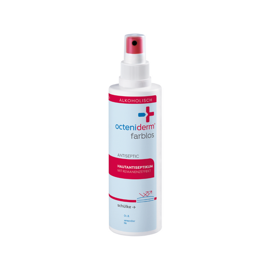 Eine weiß-rosa Sprühflasche mit der Aufschrift „Schülke Octeniderm® farblos“ der Schülke & Mayr GmbH ist ein alkoholbasiertes Hautantiseptikum zur präoperativen Hautantiseptik und postoperativen Nahtpflege, mit roter Düse und deutschem Text, der auf die Verwendung hinweist.