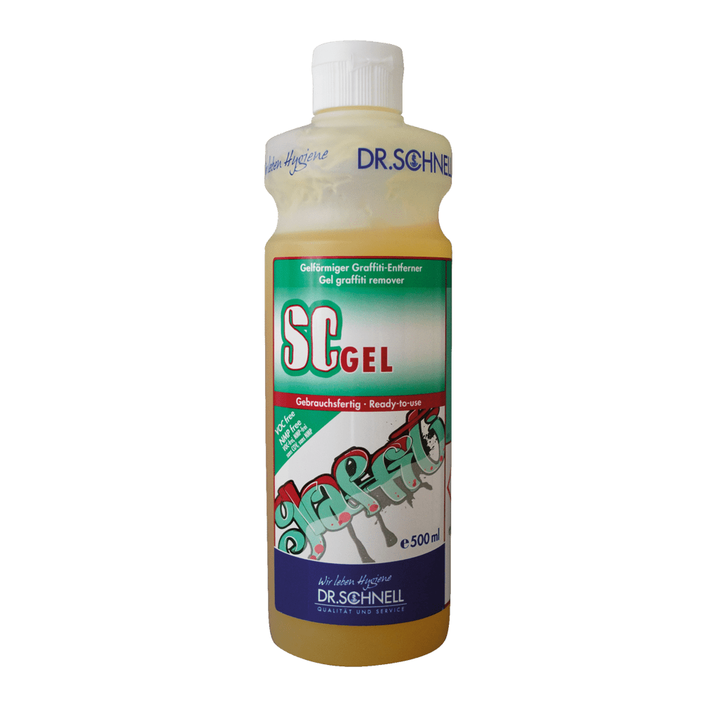 A 500 ml bottle Dr. Schnell SC GEL graffiti remover from DR.SCHNELL GmbH & Co. KGaA with a green and red label, white cap, and bilingual product information - ideal for effective graffiti removal.