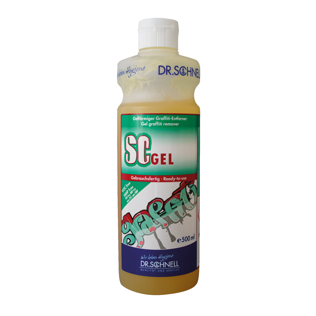 Eine 500 ml Flasche Dr. Schnell SC GEL Graffitientferner der DR.SCHNELL GmbH & Co. KGaA mit grünem und rotem Etikett, weißem Verschluss und zweisprachiger Produktinformation - ideal für die effektive Graffitientfernung.