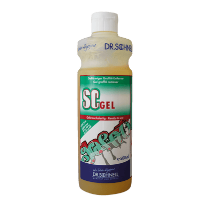 A 500 ml bottle Dr. Schnell SC GEL graffiti remover from DR.SCHNELL GmbH & Co. KGaA with a green and red label, white cap, and bilingual product information - ideal for effective graffiti removal.