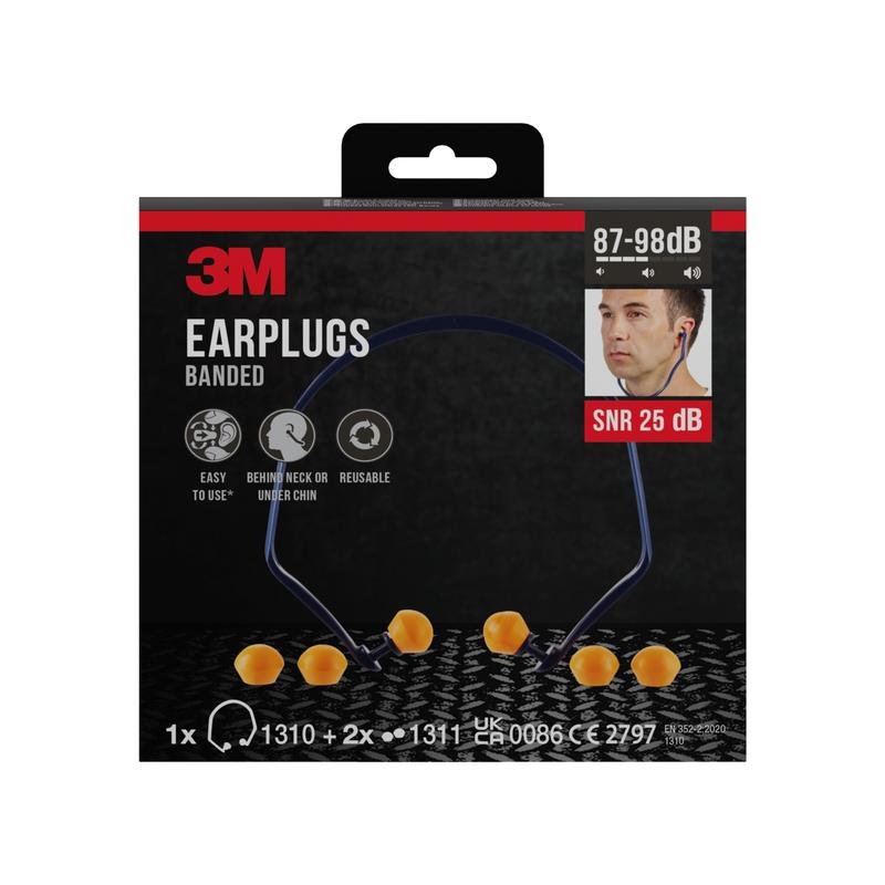Pictured is a package of 3M™ Banded Earplugs 1310 with 2 pairs of replacement earplugs. The package indicates SNR 24-25 dB (depending on fit), features of 3M Deutschland GmbH, and symbols for comfort, neck wear, and reusability.