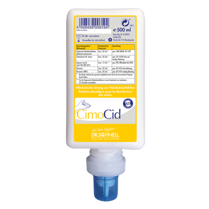 A 500 ml bottle of Dr. Schnell CIMOCID Alcoholic Hand Disinfection by DR.SCHNELL GmbH & Co. KGaA, with a blue pump and a white label with product information and usage instructions in multiple languages.