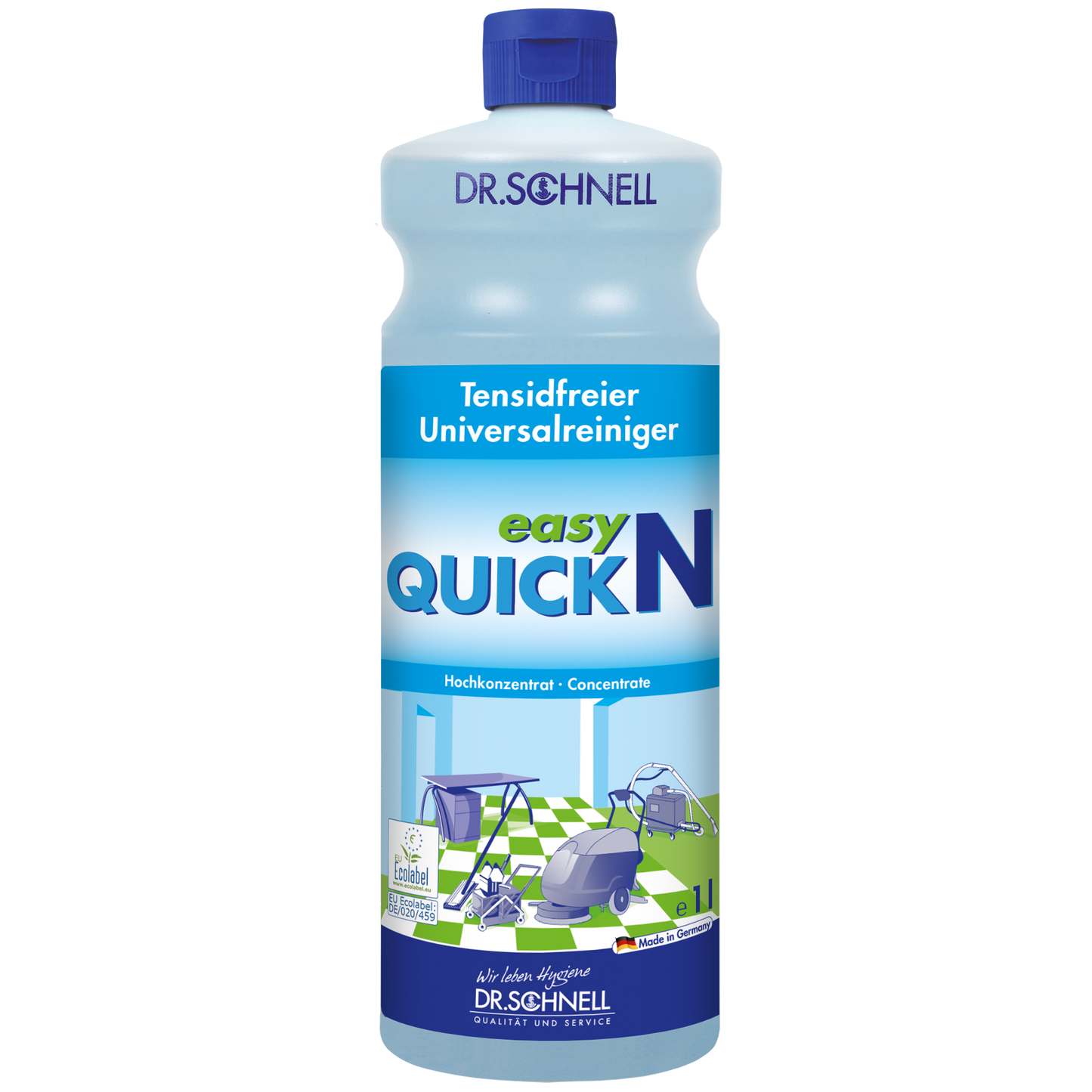 Eine Flasche Dr. Schnell EASY QUICK von DR.SCHNELL GmbH & Co. KGaA hat einen blauen Verschluss und ein deutsches Etikett mit Reinigungsgeräten und -flächen, das zeigt, dass es sich um ein konzentriertes, vielseitiges Reinigungsmittel für den professionellen Einsatz handelt.