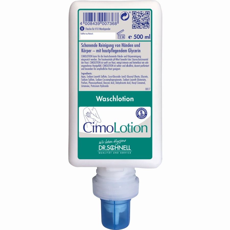 Eine 500 ml weiße Dr. Schnell CIMOLOTION Spenderflasche der DR.SCHNELL GmbH & Co. KGaA verfügt über einen blauen Spenderverschluss, deutsches Frontetikett, Barcode und zwei Hände unter Wasser - ideal für die hygienische Dosierung und die tägliche Hautpflege.