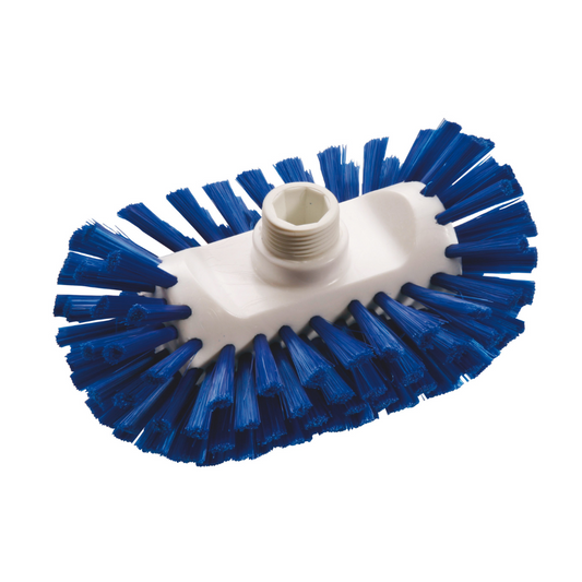 Der Bürstenkopf der Haug Bürsten KG Kesselbürste PP Blau 200x125x35 mm hat dicht gepackte blaue Borsten an den Rändern und ein Gewindeloch zur Befestigung des Stiels, ideal für Brauereien oder die Getränkeindustrie. Die Packung enthält 1 Stück.