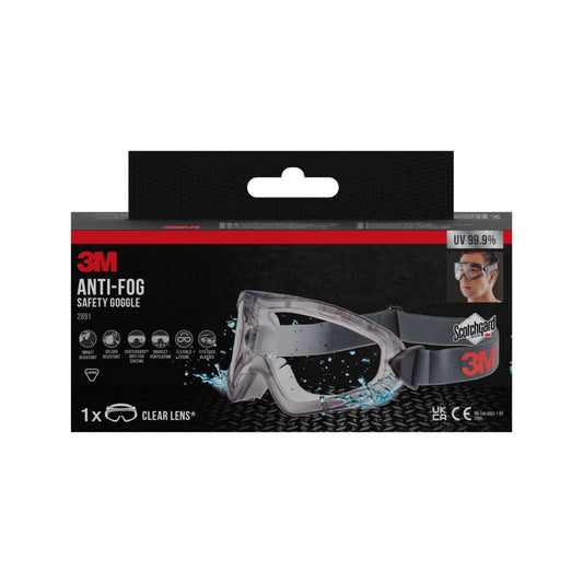 Eine Schachtel der 3M™ Schutzbrille 2891 der 3M Deutschland GmbH zeigt die Angaben "Klarsichtscheibe", "UV 99,9%" und "Scotchgard™ Protector Antibeschlag" sowie ein Foto eines Trägers. Die Packung enthält 1 Stück.