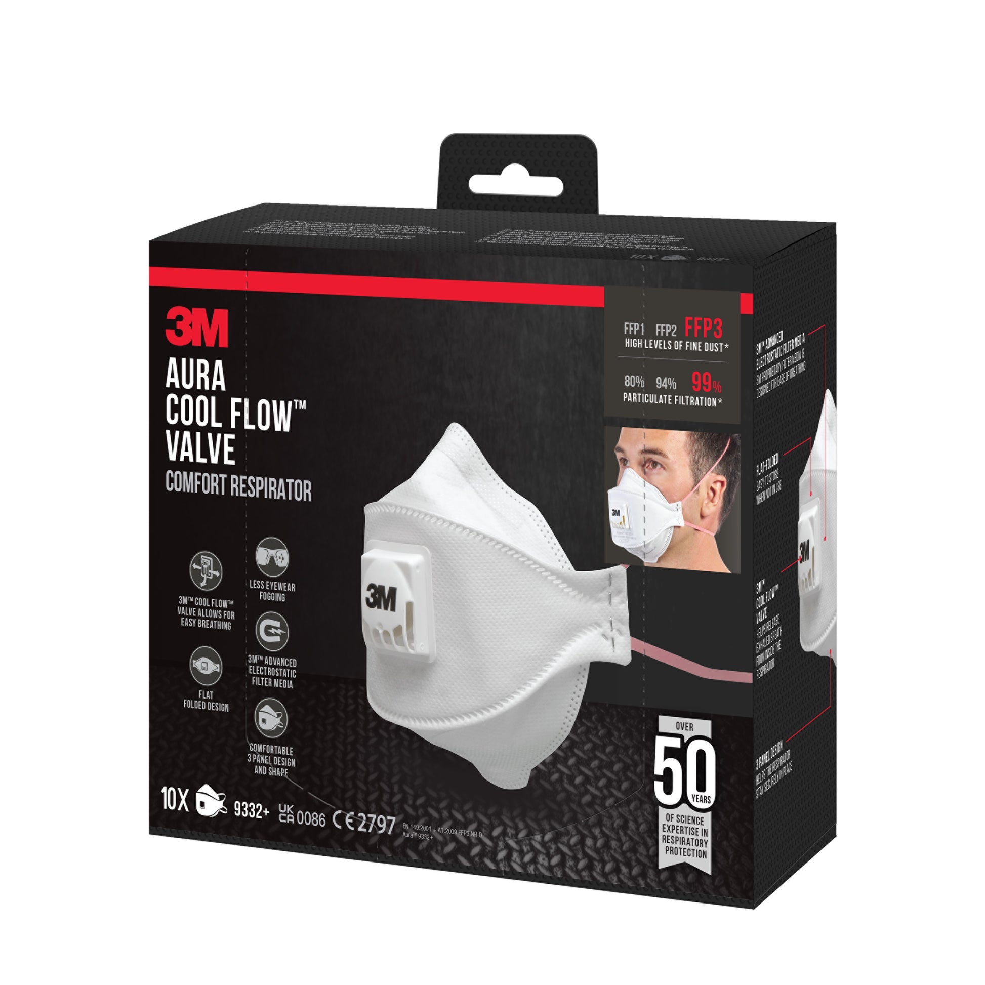 Abgebildet ist eine Schachtel der 3M™ Aura™ Comfort Cool Flow™ Partikelmaske 9332+, FFP3, mit Ventil der 3M Deutschland GmbH mit Abbildungen der Maske und eines Benutzers. Die Schachtel zeigt den FFP3-Schutz, 10 Masken und verweist auf die über 50-jährige Erfahrung von 3M.