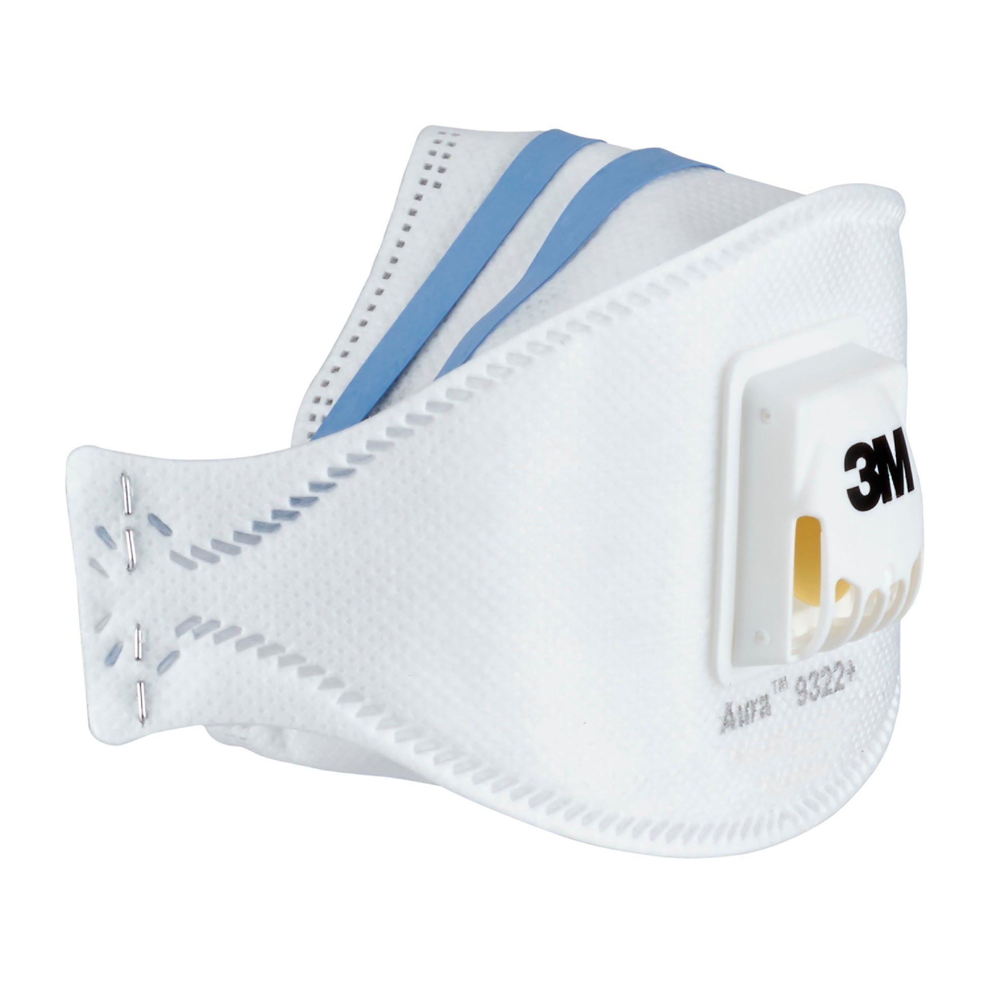 Die Abbildung zeigt eine 3M™ Aura™ Comfort Cool Flow™ Partikelmaske 9322+ FFP2 der 3M Deutschland GmbH mit weißem Design, gelbem Ventil, blauen Gurten, sichtbaren Nähten und aufgedruckten Modellnummern am unteren Rand.