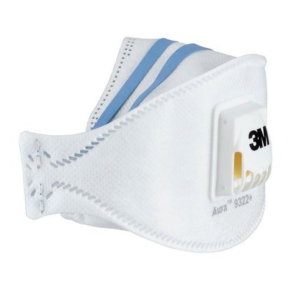 The image shows a 3M™ Aura™ Comfort Cool Flow™ Particulate Respirator 9322+ FFP2 from 3M Deutschland GmbH with white design, yellow valve, blue straps, visible seams, and printed model numbers at the bottom edge.
