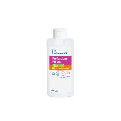 Eine weiße 500-ml-Flasche der Professional for you Flächendesinfektion der Dr. Schumacher GmbH trägt ein farbenfrohes Etikett mit blauen, violetten, gelben und orangefarbenen Abschnitten und Symbolen für Hygiene und Viruzid Desinfektion und Reinigung.