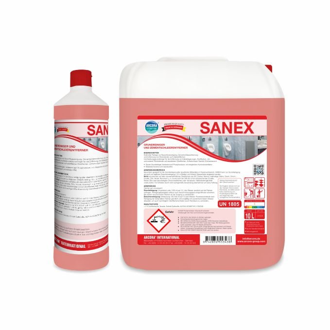Two containers of Arcora SANEX BASIC CLEANER AND CEMENT RESIDUE REMOVER from Arcora International GmbH - one bottle, one large canister - both with red liquid. Labels with product and safety information in German.