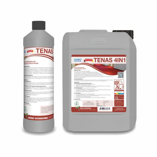 Abgebildet sind zwei Gebinde des Arcora TENAS 4IN1 Teppichreinigers mit Encapsulation System der Arcora International GmbH: links eine 1L-Flasche und rechts ein 5L-Krug, beide mit rot-weißen deutschen Etiketten für eine effektive Teppichreinigung.