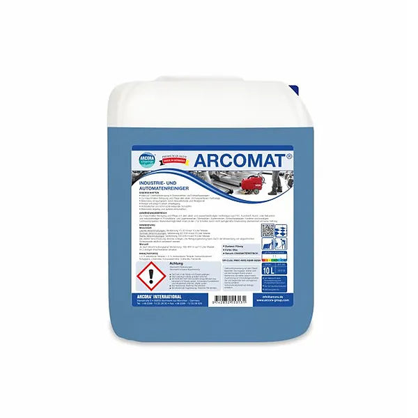 A 10-liter canister of Arcora Arcomat industrial and machine cleaner from Arcora International GmbH contains blue liquid and is provided with German application instructions, hazard symbols, and product information for industrial cleaning.