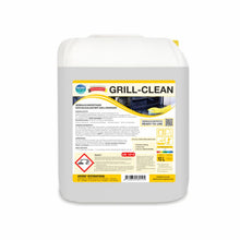 A 10-liter canister made of white plastic with the inscription "Arcora Grill-Clean Ready-to-Use High-Alkaline Grill Cleaner" from Arcora International GmbH; with a yellow-white label containing product information, safety symbols, and instructions for easy grill cleaning.