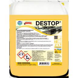 Ein gelb-weißer 10-Liter-Kanister mit der Aufschrift "Arcora destop 10 liter alkalischer desinfektionsreiniger" von Arcora International GmbH, mit Sicherheitshinweisen, französischem und deutschem Text und Gefahrensymbolen für Umweltgefahr und Korrosion.