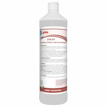 White plastic bottle with white cap and the inscription "Arcora zym-ex 1 liter surfactant-free carpet and upholstery cleaner" from Arcora International GmbH with German instructions on a white label with red accents. Suitable for cleaning carpets and upholstered furniture.