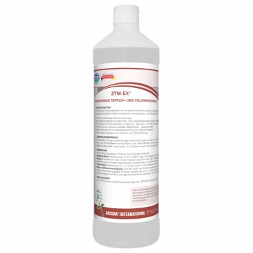 Weiße Kunststoffflasche mit weißem Verschluss und der Aufschrift "Arcora zym-ex 1 Liter tensidfreier Teppich- und Polsterreiniger" von Arcora International GmbH mit deutscher Anleitung auf weißem Etikett mit roten Akzenten. Geeignet für die Reinigung von Teppichen und Polstermöbeln.