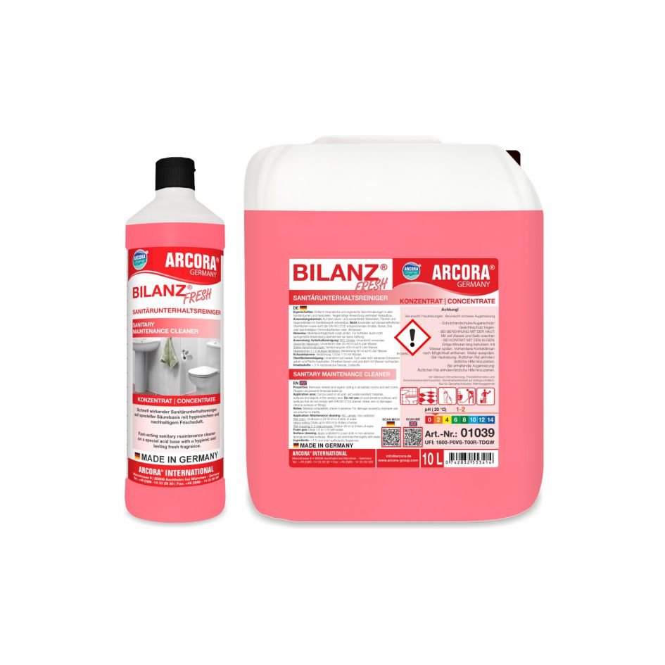 Pictured are two Arcora BILANZ FRESH sanitary maintenance cleaners from Arcora International GmbH: a 1L bottle with a red cap and a 10L canister. Both contain pink liquid for long-lasting freshness and effective limescale remover.