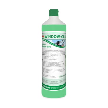 Die grün-weiße Arcora WINDOW-CLEAN PROFESSIONELLE FENSTERREINIGER SEIFE Flasche der Arcora International GmbH steht aufrecht auf einem schlichten weißen Hintergrund und verspricht streifenfreie und effektive Fensterreinigung.