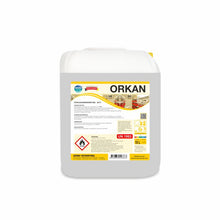 A white 10-liter container labeled "Arcora Orkan" from Arcora International GmbH, with usage and safety information for cold storage cleaner up to -30°C, images of cleaned rooms, hazard symbols, and a warning about flammable substances on the front.
