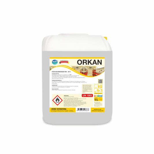 Ein weißer 10-Liter-Kanister Arcora Orkan Kühlhausreiniger der Arcora International GmbH ist mit deutscher Beschriftung, Gefahrensymbol, Anwendungshinweisen und rot-gelben Akzenten versehen. Das Etikett weist darauf hin, dass er brennbar und für die Reinigung von Kühlräumen bis -30°C geeignet ist.