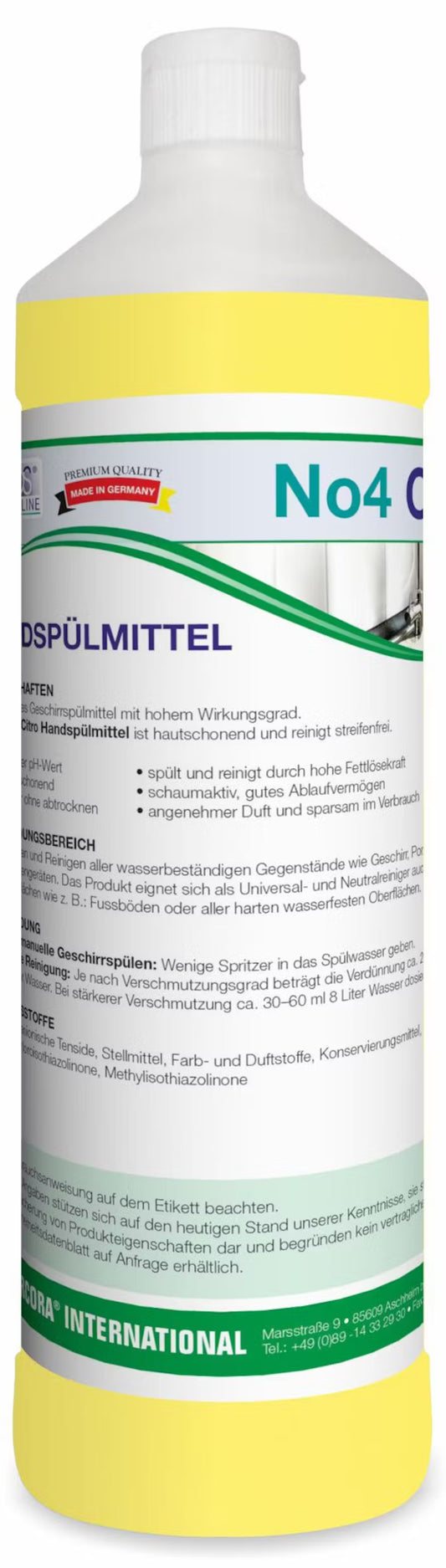 Eine gelbe Flasche des Arcora No4 Citro Handspülmittels der Arcora International GmbH aus Deutschland, mit weißem Verschluss und ausführlichem deutschem Etikett mit Gebrauchsanweisung, Inhaltsstoffen und Sicherheitsinformationen.