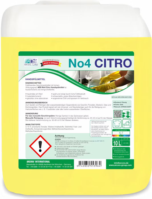 Ein gelber 10-Liter-Behälter des Arcora No4 Citro Handspülmittels der Arcora International GmbH, der in deutscher Sprache mit Bildern beschriftet ist, beschreibt es als hautfreundliches Handspülmittel und enthält Sicherheitswarnungen, Anweisungen und Angaben zu den Inhaltsstoffen.