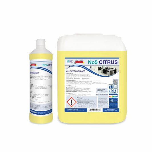 Abgebildet sind zwei gelbe Arcora No5 Citrus Allzweckreiniger-Behälter der Arcora International GmbH: eine 1-Liter-Flasche und ein 10-Liter-Kanister, beide mit weiß-blauem Etikett, Anleitung und Zitrusduft.