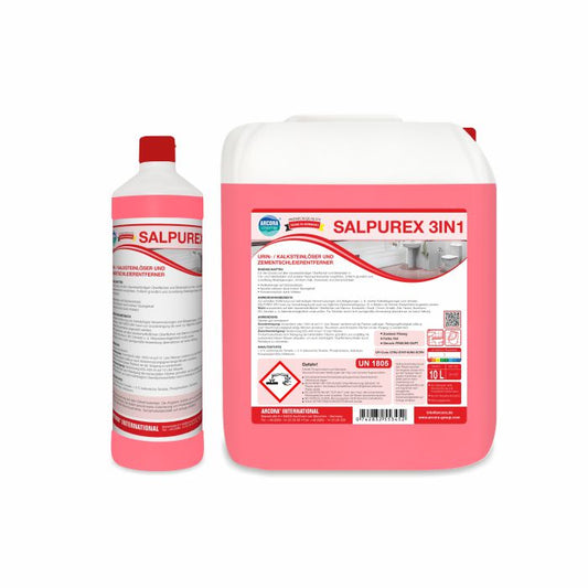 Zwei Behälter von Arcora SALPUREX 3IN1 RADIKALER SANITÄRGRUNDREINIGER AUF SALZSÄUREBASIS der Arcora International GmbH, eine Flasche und ein Kanister, tragen rot-weiße Etiketten mit Gefahrensymbolen und deutschen Kalkentferner-Hinweisen.