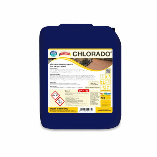 Ein blauer 10-Liter-Kanister Arcora Chlorado Küchengrundreiniger Mit Aktiv-Chlor der Arcora International GmbH. Das deutsche Etikett enthält Anwendungshinweise, Gefahrensymbole und detaillierte Produktinformationen.