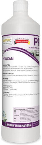 Weiße 1-Liter-Plastikflasche mit der Aufschrift "Arcora proxan" von Arcora International GmbH, zur Reinigung von Edelstahl, Armaturen und Geräten; mit deutschem Text, Gebrauchsanweisung, blauer Blumenabbildung unten links und weißem Schraubverschluss. Erhältlich in Kartons mit 12 Packungen.