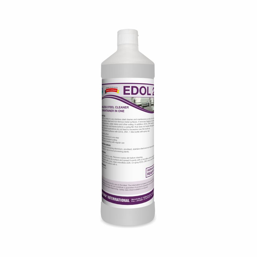Eine weiße Kunststoffflasche mit einer weißen Kappe mit der Aufschrift "Arcora Edol 2In1 Edelstahlreiniger Und Pfleger In Einem" der Arcora International GmbH steht aufrecht vor einem weißen Hintergrund. Auf dem Etikett auf der Vorderseite sind Produktangaben und Anweisungen zu finden.