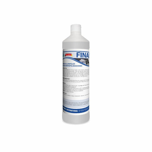 Eine weiße 1L-Kunststoffflasche mit der Aufschrift "Arcora Finalin Intensiv-Klarspüler Für Geschirrspülmaschinen" von Arcora International GmbH, mit blauer Schrift und einem Waschmaschinenbild, sorgt für glänzendes Geschirr und enthält eine ausführliche Gebrauchsanweisung.