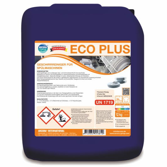 Eine 12 kg Packung Arcora Eco Plus Geschirrreiniger Für Spülmaschinen von Arcora International GmbH, beschriftet in deutscher Sprache mit Gefahrensymbolen und Anwendungshinweisen für Geschirrspüler.