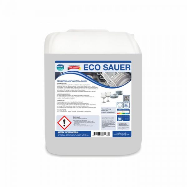 Ein weißer 10-Liter-Kanister mit der Aufschrift "Arcora Eco Sauer Geschirrklarspülmittel 'Sauer'" der Arcora International GmbH enthält Produktinformationen, Gefahrensymbole, Gebrauchsanweisungen, Bilder von sauberem Geschirr und ein blaugraues, umweltfreundliches Etikett mit verschiedenen Symbolen.