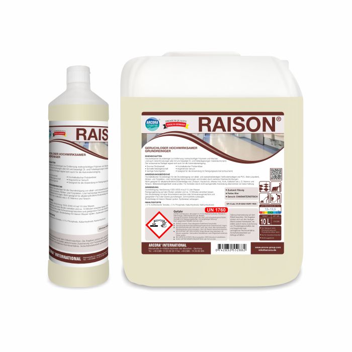 Zwei Gebinde des Arcora RAISON Geruchloser Hochwirksamer Grundreiniger von Arcora International GmbH, eine Flasche und ein großer Krug mit detaillierter deutscher Beschriftung, sind vor weißem Hintergrund abgebildet - ideal für professionelle Reinigungsaufgaben.