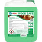 A green 5-liter plastic container labeled "Arcora WOOD SAFE WISCHPFLEGE" from Arcora International GmbH contains usage instructions, safety information, a photo of the wooden floor, and points out the care of oiled or oil/wax treated wood and parquet floors.