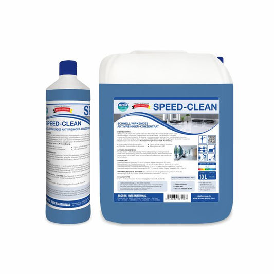 Eine 1-Liter-Flasche und ein 10-Liter-Kanister des Arcora SPEED-CLEAN SCHNELL WIRKENDES AKTIVREINIGER-KONZENTRATS von Arcora International GmbH sind mit deutschen Etiketten für schnelle Reinigung bei starken Verschmutzungen abgebildet.