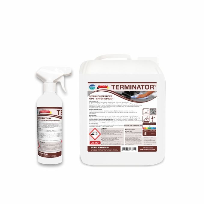 Pictured are a white spray bottle and a white 5-liter container of Arcora TERMINATOR (FORMULA LIKE SPEEDBALL) READY-TO-USE POWER SPRAY CLEANER from Arcora International GmbH with warning symbols and detailed labels on a white background.