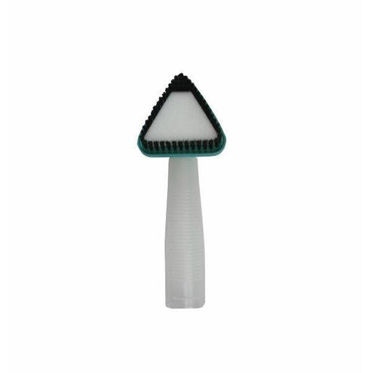 Die Arcora Tenas Handbürste Inkl. Dosierstiel von Arcora International GmbH verfügt über einen dreieckigen weißen Schrubbkopf mit schwarzen Borsten und einen durchsichtigen gerippten Griff - ideal für die Reinigung von Oberflächen. Packung: 1 Stück.