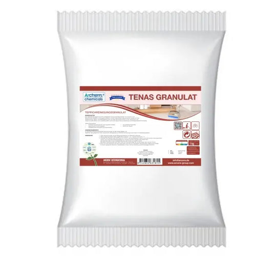 Eine weiße Kunststoffverpackung mit der Aufschrift "Arcora TENAS GRANULAT TEPPICHREINIGUNGSGRANULAT MIT ENKAPSULATIONSSYSTEM" der Arcora International GmbH zeigt Bilder und Details zur Teppichreinigung und hebt das Verkapselungssystem für eine effektive Teppichpflege hervor.