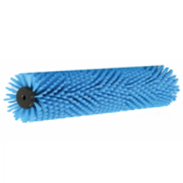 Die Arcora Aniko 350 Duo Brush Ersatzbürste Standard, Blau von Arcora International GmbH ist eine zylindrische blaue Bürstenwalze mit hochwertigen Borsten im Chevron-Muster, ideal für Reinigungsmaschinen oder Staubsauger.