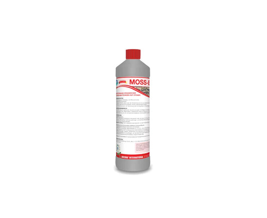 Abgebildet ist eine 1-Liter-Flasche Arcora Moss-Ex Liq der Arcora International GmbH mit rotem Verschluss und rot-weiß-grauem Etikett vor weißem Hintergrund. Das Etikett weist auf die Verwendung zur Entfernung von organischem Schmutz auf Steinoberflächen hin.