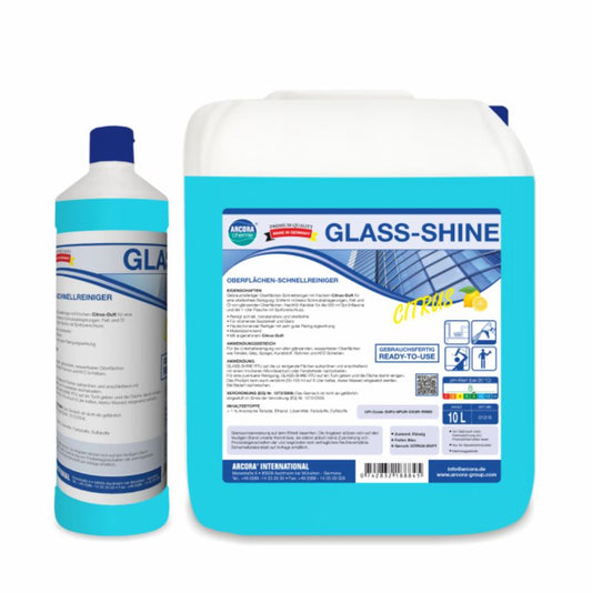 Zwei Gebinde des Arcora GLASS-SHINE Oberflächen-Schnellreinigers (1L Flasche und 10L Krug) von Arcora International GmbH. Beide Etiketten enthalten Infos und Hinweise für schnelle Reinigung und glänzende Oberflächen.