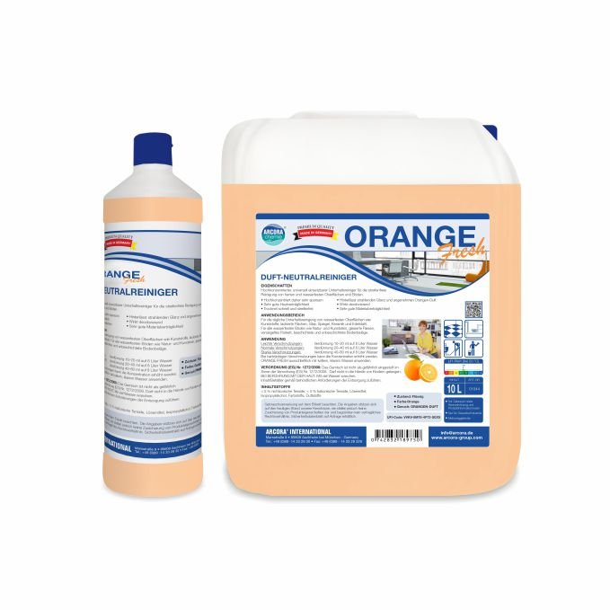 Two containers of Arcora International GmbH ORANGE FRESH SCENT-NEUTRAL CLEANER - a bottle and a jug - are equipped with detailed information and bright orange images on the labels that highlight the fresh orange scent of this neutral cleaner.