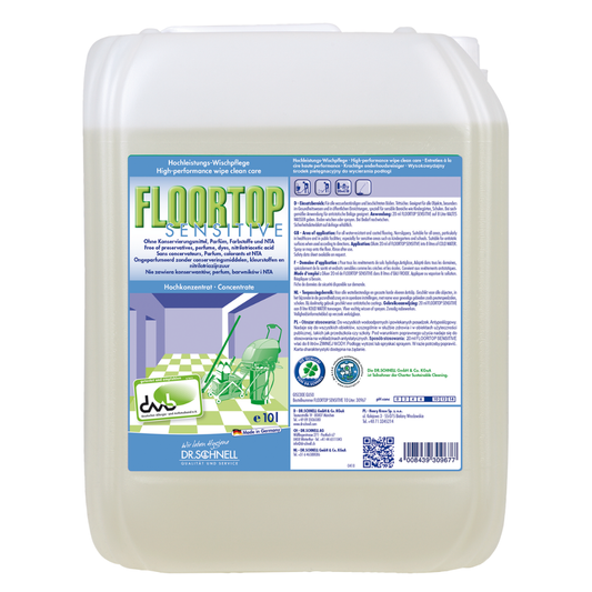 Ein großer, transparenter Kunststoffbehälter mit der Aufschrift "Dr. Schnell Floortop Sensitive, Hochleistungs-Bodenreiniger, duftfrei" der DR.SCHNELL GmbH & Co. KGaA ist mit einer grünen Kappe, mehrsprachigen Informationen und einer Reinigungsillustration auf der Vorderseite versehen.