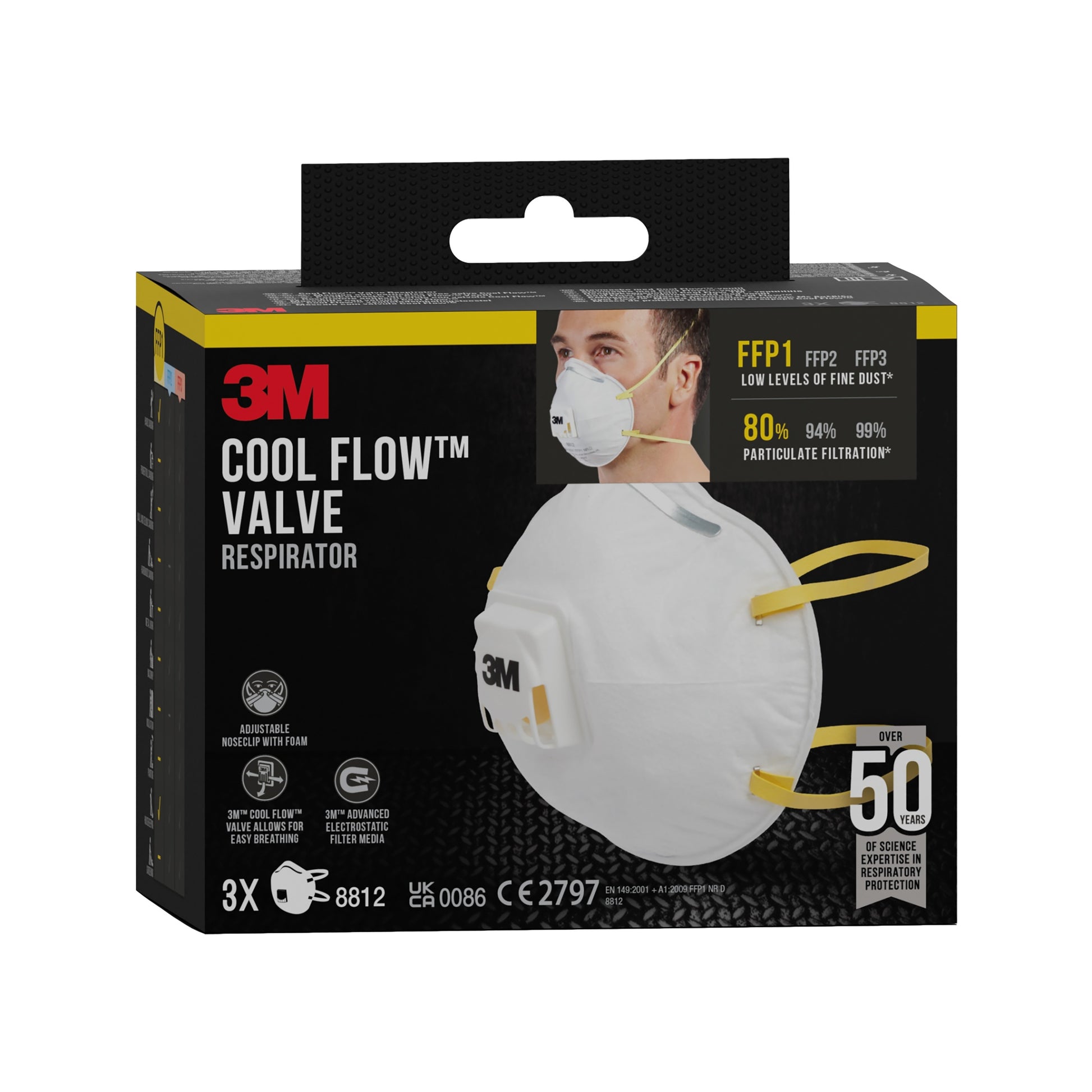 Black Box der 3M™ Cool Flow™ Partikelmaske 8812, FFP1 mit Ventil (3er-Pack) von 3M Deutschland GmbH, zeigt Bild einer Person mit Maske und Infos zu FFP1-Schutz, 80% Filtration und über 50 Jahre Sicherheitserfahrung.