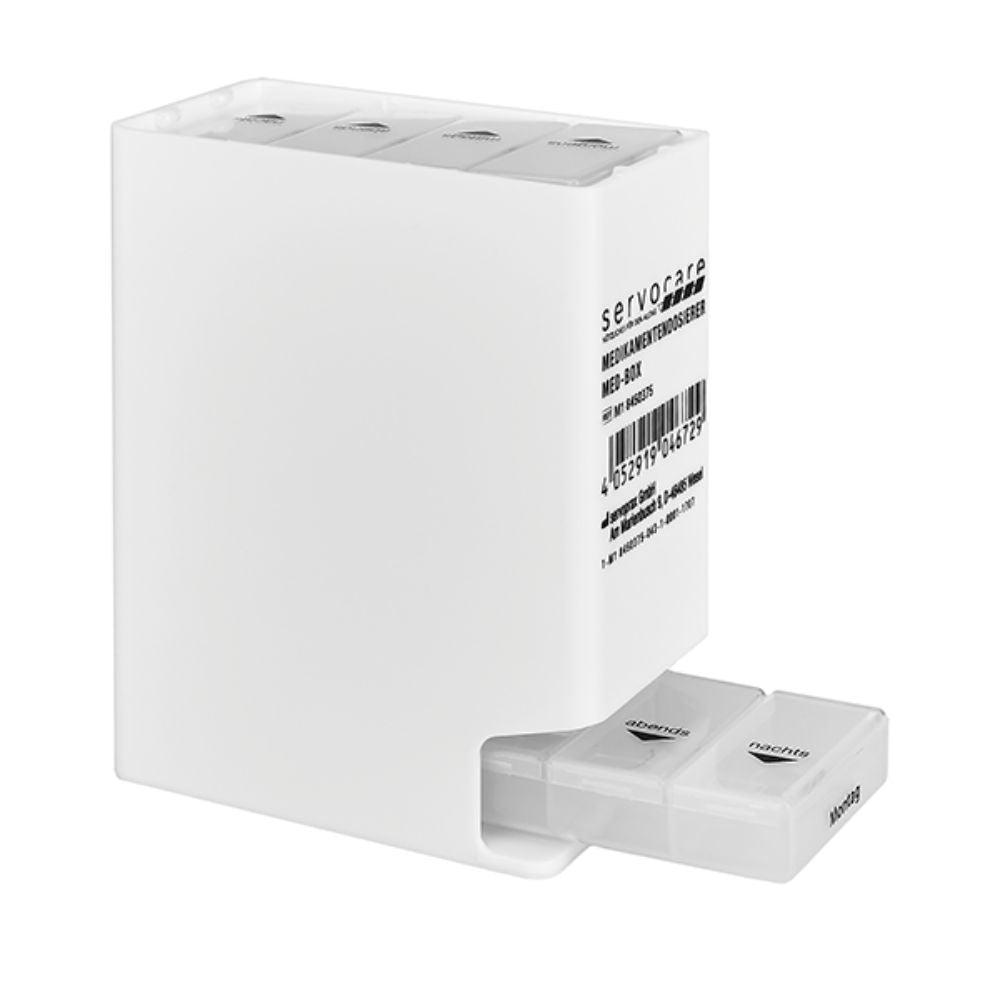 The Servocare Med-Box for tablets from Servoprax GmbH is a white rectangular container with a pull-out mechanism and features separate compartments labeled with weekdays for orderly storage of medications or dietary supplements, as well as a visible barcode on the side.