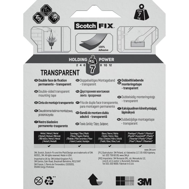 On the back of the Scotch-FIX™ Transparent Double-Sided Mounting Tape 4910C from 3M Deutschland GmbH are icons, multilingual descriptions, up to 7 kg holding power, and Scotch/3M logos, as well as text and diagrams highlighting usage and features.
